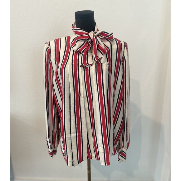 Andre Laug Neiman Marcus Blouse Silk Bow Italy Red Blue Plus Size 16 Vintage - Picture 1 of 10